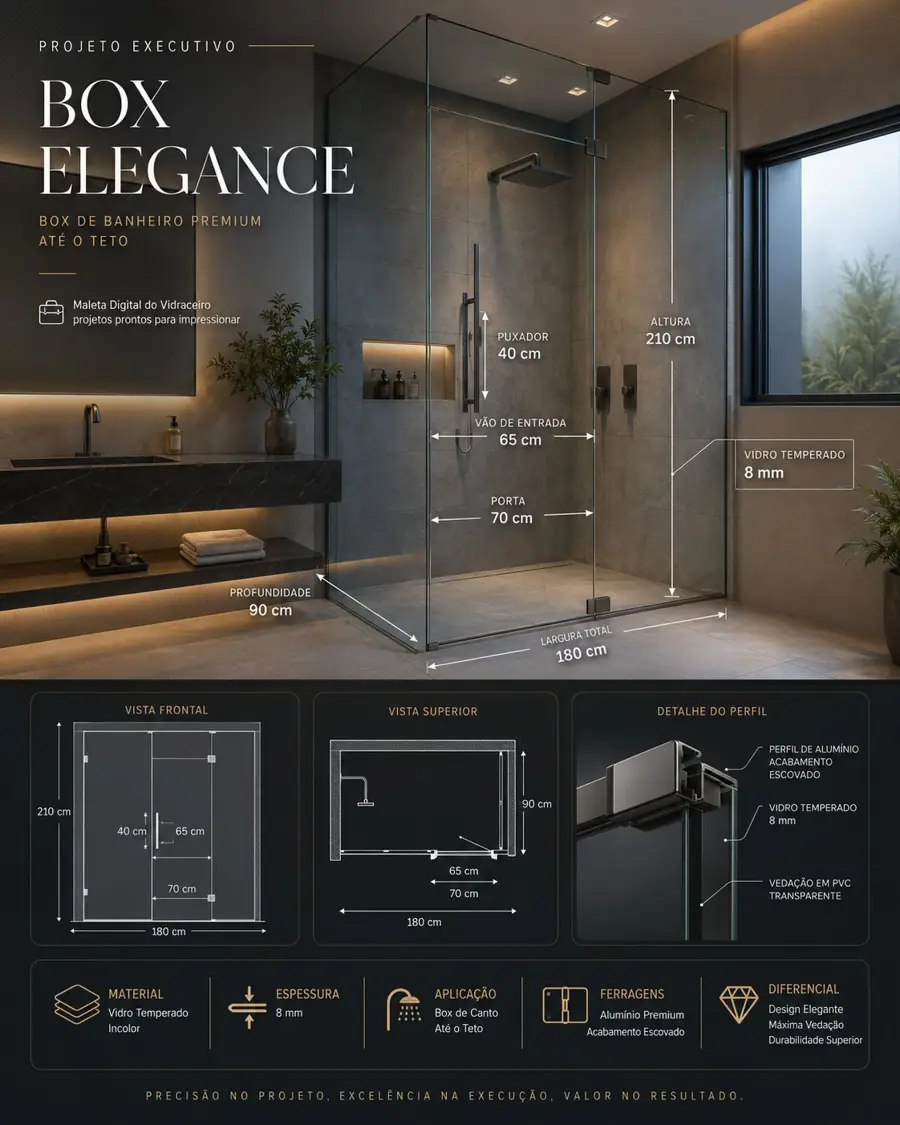 Projeto executivo de box de banheiro premium Box Elegance