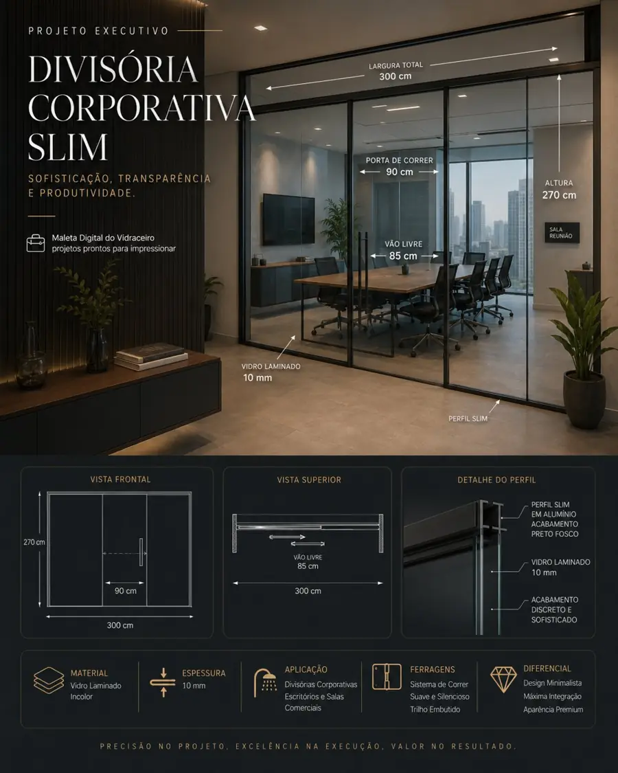 Projeto executivo de divisória corporativa slim em vidro