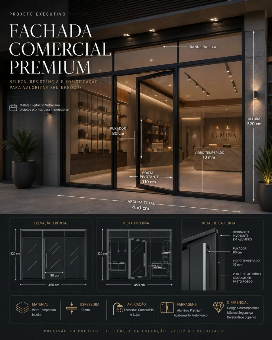 Projeto executivo de fachada comercial premium em vidro
