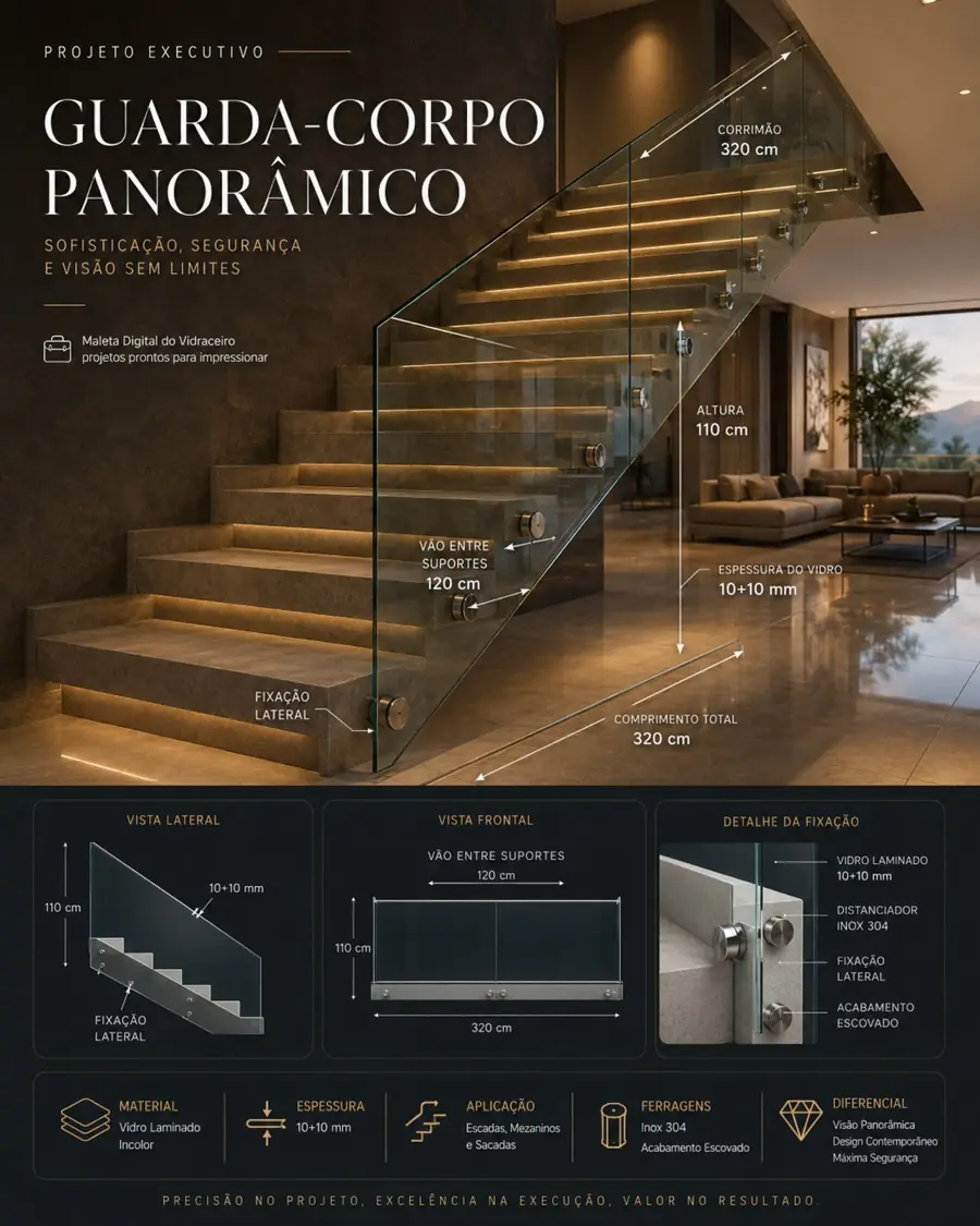 Projeto executivo de guarda-corpo panorâmico em vidro