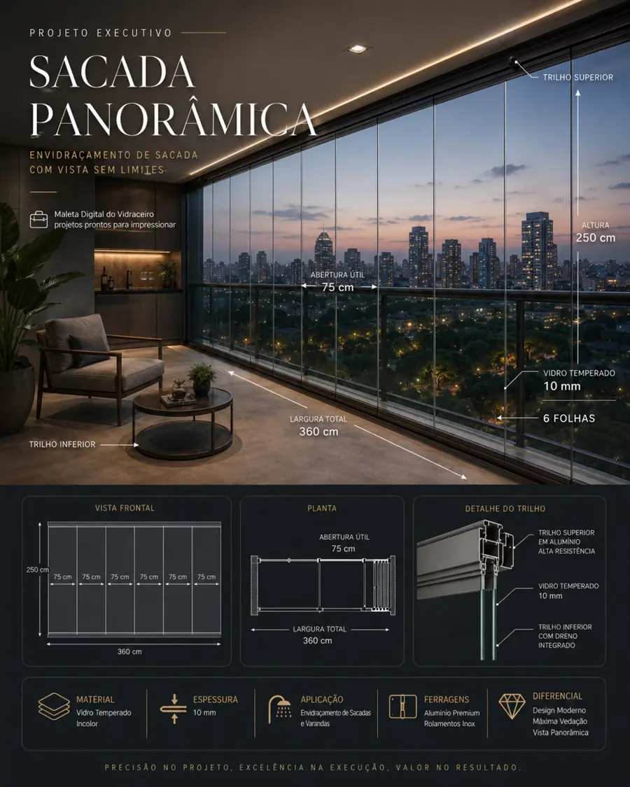 Projeto executivo de sacada panorâmica envidraçada