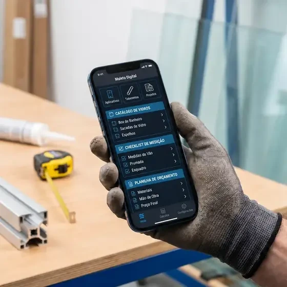 Composição da Maleta Digital com celular, catálogo, checklist, planilha e proposta